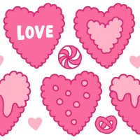Valentine Heart Cookie Seamless Pattern with Love Text in Cute Doodle Style Pink
